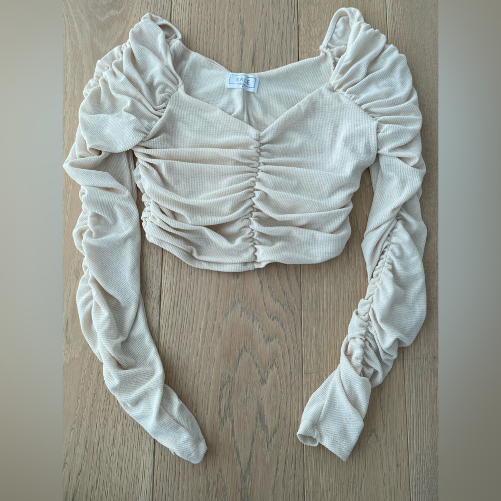 Ruched Long-Sleeve Crop Blouse in Cream - never wore
